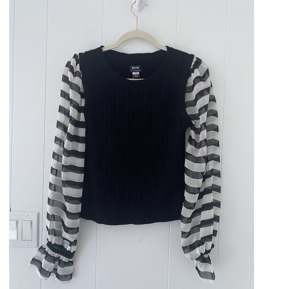 Anthropologie Maeve Small Cableknit Sweater Sheer Black & White Stripe Sleeves